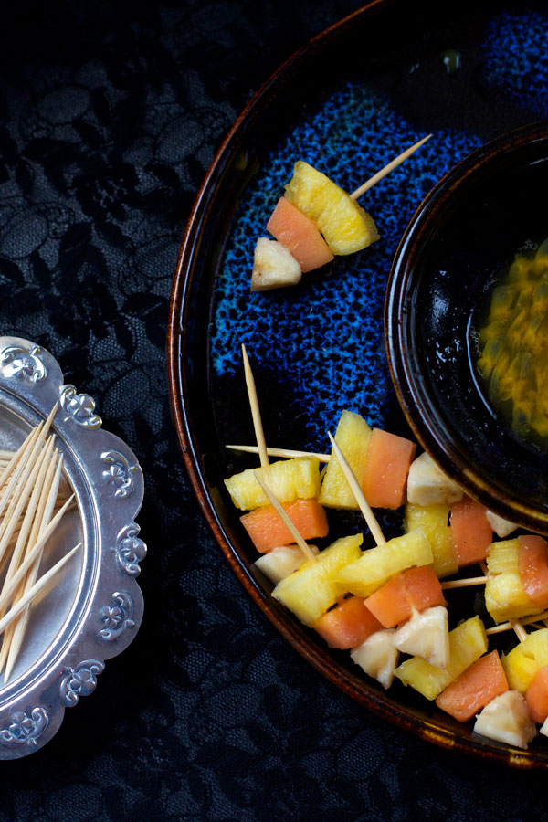 Candy Corn Fruit Kebabs. Healthy Halloween Treats. Featured Image