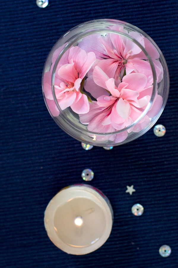 Simple Spring Table Centrepiece  - Floating Flowers with Washi Tape Tealight Candle and Sequins
