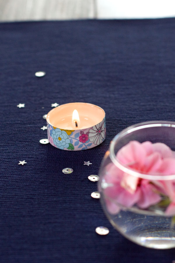 Simple Spring Decor Ideas  - Floating Flowers with Washi Tape Tealight Candle and Sequins