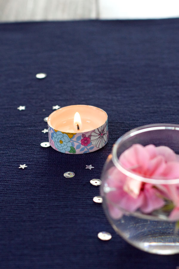 Simple Spring Decor Ideas - Floating Flowers with Washi Tape Tealight Candle and Sequins