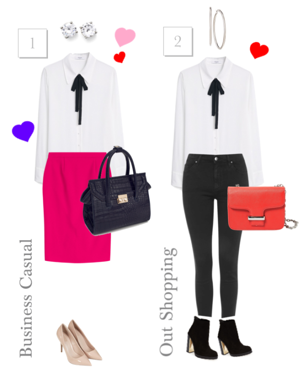 Get the Look - Business Casual and Out Shopping. 2 looks with MANGO Tie-Neck Blouse.